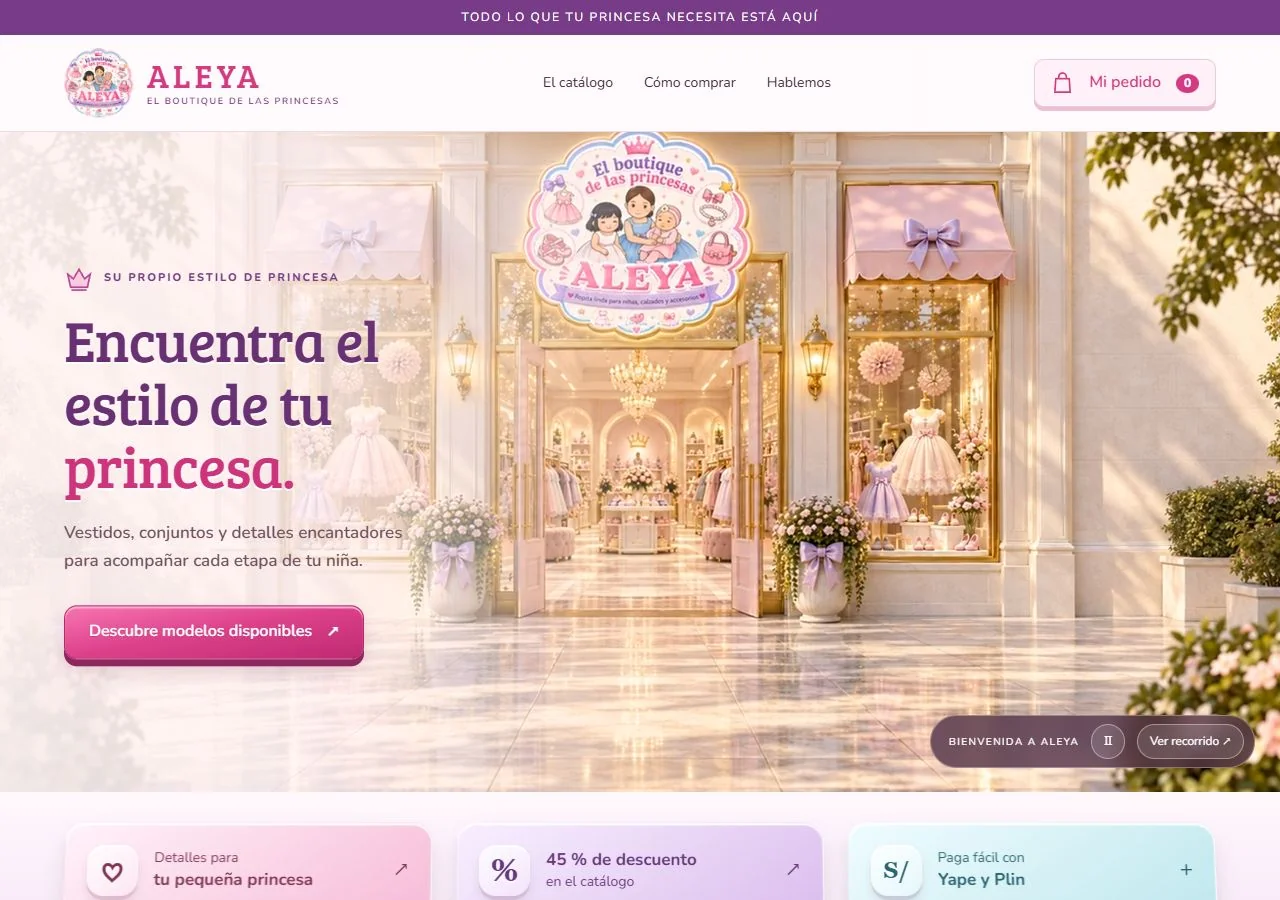 Vista de la página web de El boutique de las princesas Aleya