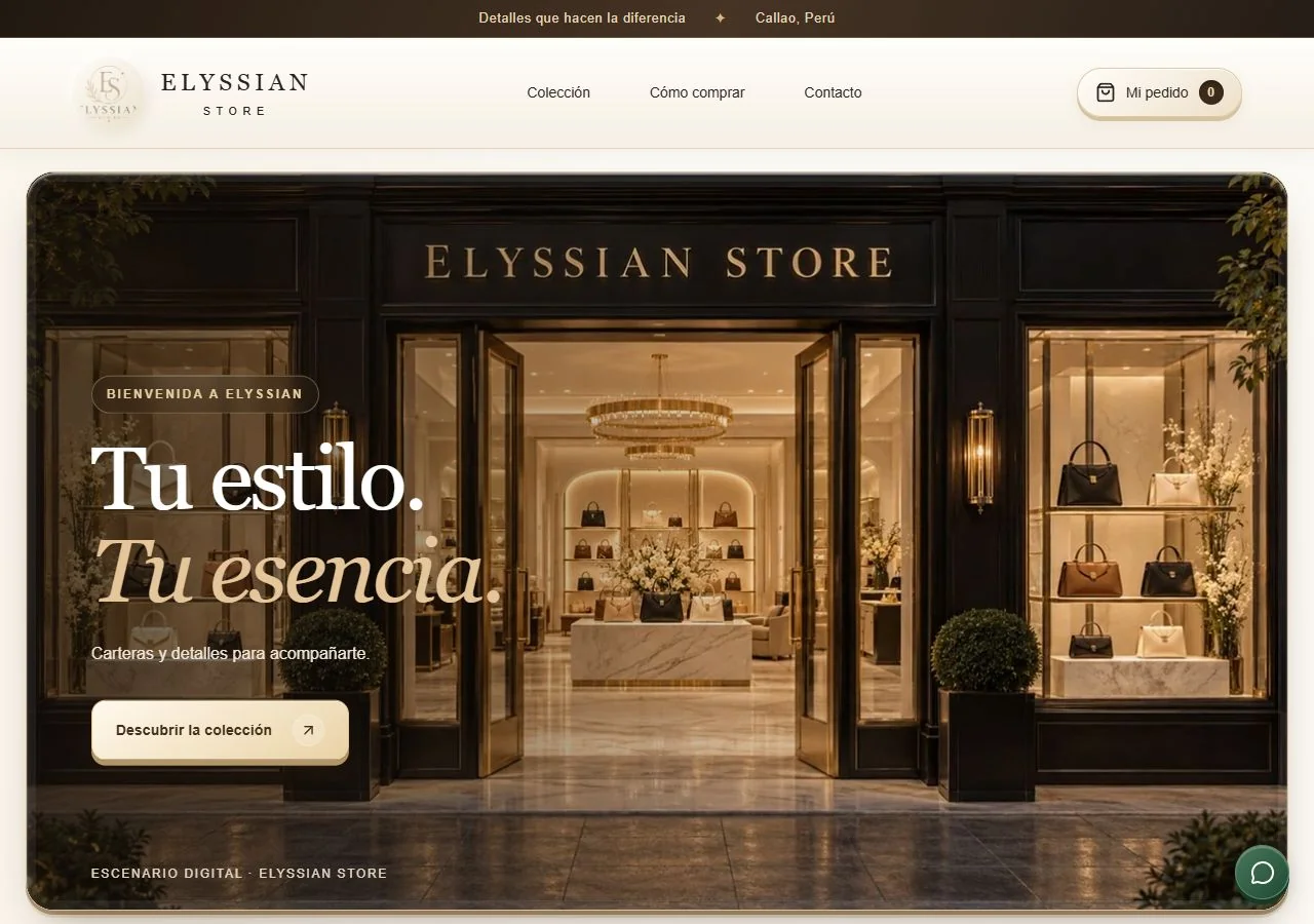 Vista de la página web de Elyssian Store