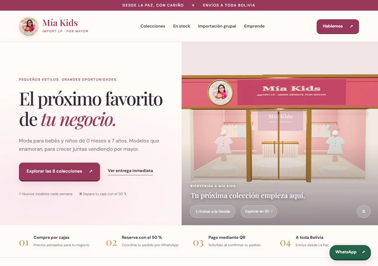 Vista de la página web de Mía Kids Import LP